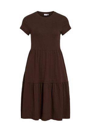 Bruine midi-jurk met korte mouwen, ronde halslijn, geplooide rok en een losse pasvorm.