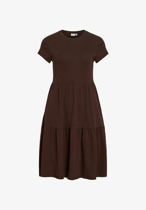 Braunes Midi-Kleid mit kurzen Ärmeln, rundem Ausschnitt, Stufensaum und lässiger Passform.