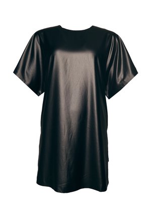 Black short-sleeve faux leather tunic with round neckline and loose fit, displayed on white background.
