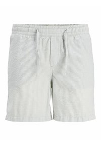 Shorts rayés gris clair et blanc avec ceinture élastique et cordon de serrage, offrant une coupe décontractée et des ourlets retroussés.