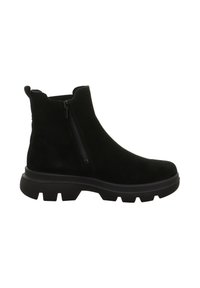 Schwarze Wildleder-Ankle Boots mit einem eleganten Design, seitlichem Reißverschluss und einer strukturierten Profilsohle für zusätzlichen Halt und Langlebigkeit.
