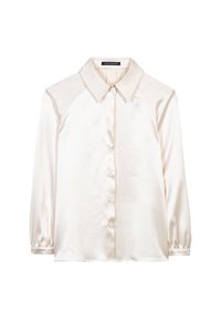 Light beige satin blouse with a classic collar, button-down front, and long, slightly gathered sleeves. Smooth texture with a subtle sheen.