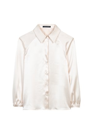 Light beige satin blouse with a classic collar, button-down front, and long, slightly gathered sleeves. Smooth texture with a subtle sheen.