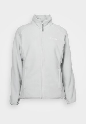 Giacca in pile grigio chiaro con collo alto, chiusura con zip, maniche lunghe e tasche laterali. Texture liscia e design minimalista.