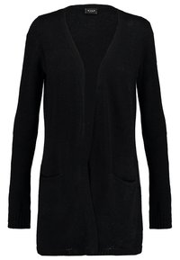 Černý kardigan s dlouhými rukávy, otevřeným předním dílem, dvěma předními kapsami a žebrovanými manžetami. Vyrobený z měkké, texturované látky.
