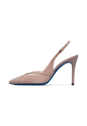 Beige pointed-toe slingback high heel shoe with thin straps, blue sole, and adjustable buckle on a white background.