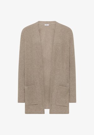 Beige open-front gebreide cardigan met lange mouwen en twee voorzakken, gemaakt van geribbelde textuurstof.