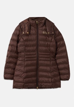 Brown padded jacket with a zip front, featuring a stand-up collar, gold hardware, and horizontal stitching for insulation.