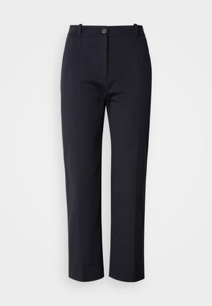 Navy blauwe broek met een rechte pijp, vervaardigd uit een soepele stof. Voorzien van voorzakken en een knoopsluiting in de taille.