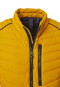 Yellow puffy jacket with quilted texture, high collar, dual zippers, and black accents along seams. Labeled size M inside.