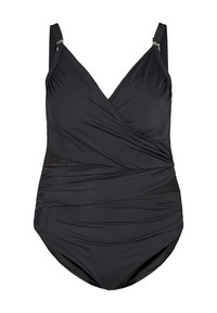 Zwarte badpak in één stuk met verstelbare schouderbanden, geplooide stof en een wikkelvormig ontwerp aan de voorkant.