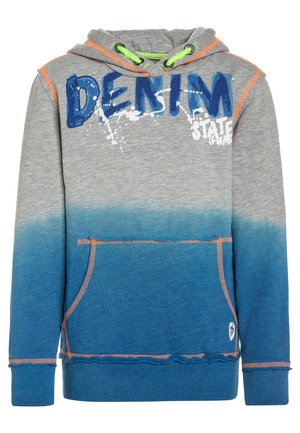 Grå og blå gradient hættetrøje med frontlomme, snøre i hætten og "DENIM" grafik. Har orange syninger og en blød tekstur.