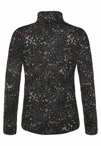 Maglietta nera a maniche lunghe con colletto alto. Presenta un motivo a spruzzo multicolore, una superficie morbida e una silhouette aderente con maniche allungate.