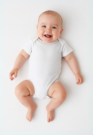 Biała bawełniana bodziak na uśmiechniętym niemowlęciu, z okrągłymi policzkami, pulchnymi kończynami i krótkimi rękawami, leżącym na jasnym tle.
