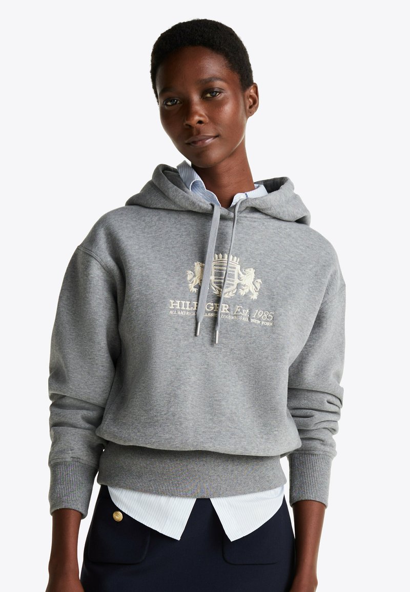 Felpa grigia in cotone misto, con logo frontale, cappuccio regolabile con cordino e polsini a costine. Indossata sopra una camicia bianca a righe con bottoni.