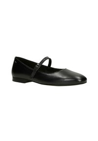 Schwarze Leder-Balletschuhe mit spitz zulaufender Zehenpartie, kleinem Absatz und dünnem Knöchelriemen mit einer Metall-Schnalle. Glatte Textur, elegantes Design.