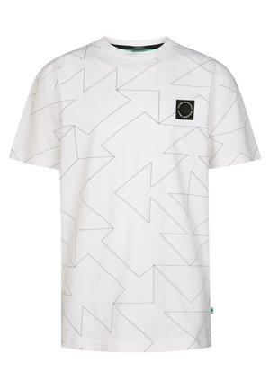 Biały t-shirt z geometrycznym wzorem czarnych strzałek. Okrągły dekolt i krótkie rękawy, z małą czarną naszywką z logo na piersi.