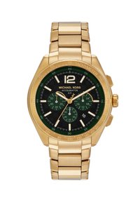 Montre en métal doré avec un boîtier octogonal, tachymètre vert, cadran noir, aiguilles blanches et trois sous-cadrans verts. Dotée d'un bracelet en métal.
