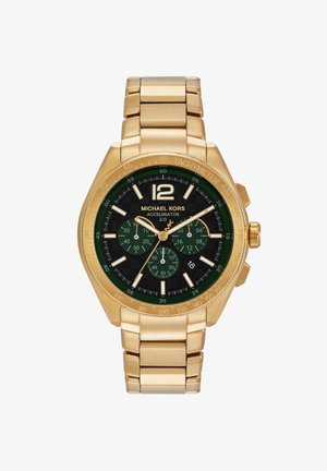 Gold metal watch with an octagonal case, green tachymeter, black dial, white hands, and three green subdials. Features a metal bracelet.