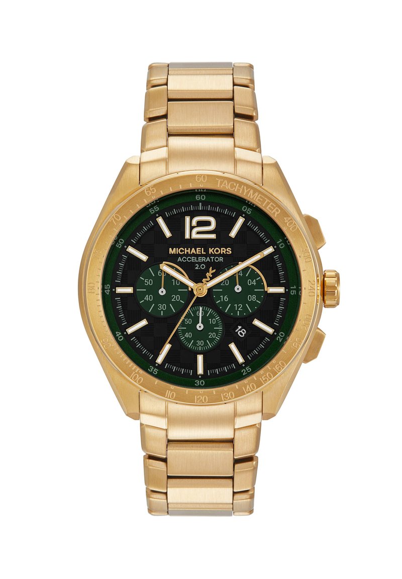 Montre en métal doré avec un boîtier octogonal, tachymètre vert, cadran noir, aiguilles blanches et trois sous-cadrans verts. Dotée d'un bracelet en métal.
