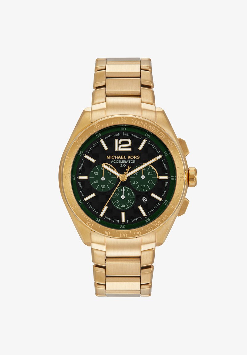 Montre en métal doré avec un boîtier octogonal, tachymètre vert, cadran noir, aiguilles blanches et trois sous-cadrans verts. Dotée d'un bracelet en métal.