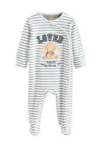 Gestreepte onepiece in wit en marineblauw, met een geborduurde konijn en de tekst "GEHOUDEN." Zacht materiaal met drukknopen aan de zijkant.