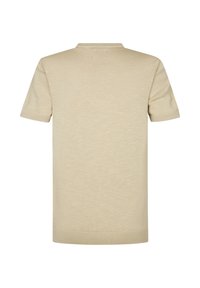 Beige Kurzarm-Pullover mit strukturiertem Strick, rundem Halsausschnitt sowie gerippten Bündchen und Saum. Schlichtes Design ohne Muster oder Verzierungen.