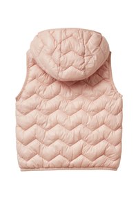 Pohodlná vesta, světle růžová, s chevronovým vzorem, kapucí a bez rukávů. Měkká textura se hladkým povrchem a elastickým lemem.