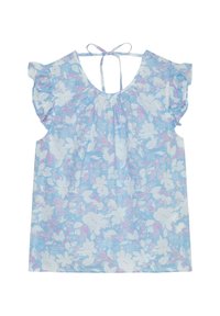 Hellblaues, blumiges Oberteil aus strukturiertem Stoff, mit kurzen Rüschensäumen und einem gebundenen Ausschnitt auf der Rückseite. Verziert mit rosa und weißen Blumenmustern.