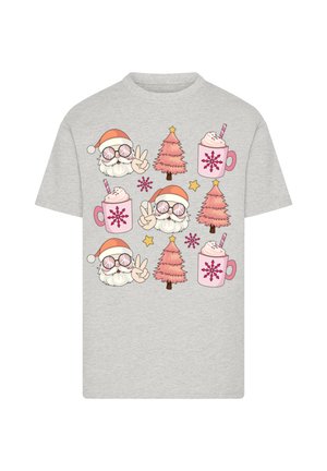 Gray t-shirt featuring cartoon Santa with glasses, pink mugs with whipped cream, snowflakes, pink trees, and stars in a repeated pattern.