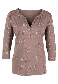 Langärmliges mauvefarbenes Hemd mit floralem Muster, das einen V-Ausschnitt und eine Knopfleiste mit drei Knöpfen aufweist. Weicher Stoff mit leichtem Stretch.