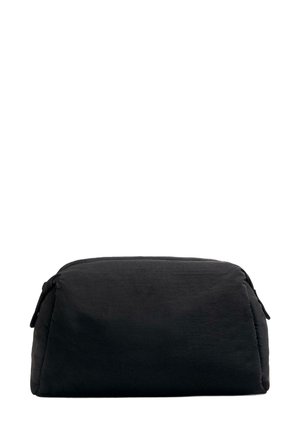 Black rectangular fabric pouch with zipper closure, slightly padded and soft-textured, photographed against a white background.