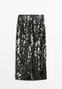 Black midi skirt fully covered with shiny black and silver sequins, creating a sparkling effect.