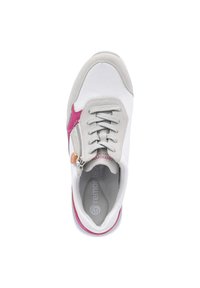 White sneaker with gray accents, pink and orange details, textured fabric, rounded toe, laces, and a side zipper closure.