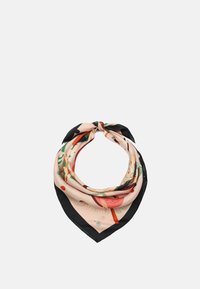 Silk tørklæde med en rund form, lyserød bund, sorte kanter og farverige abstrakte mønstre i grøn, rød og blå.