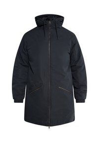 Lang sort parka-jakke med lynlås foran, hætte og to skrå sidelommer. Har elastiske manchetter og et glat, vandafvisende stof.