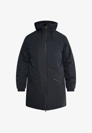 Lang zwart parka-jack met een ritssluiting aan de voorkant, een capuchon en twee schuine zijzakken. Voorzien van elastische manchetten en een gladde, waterafstotende stof.