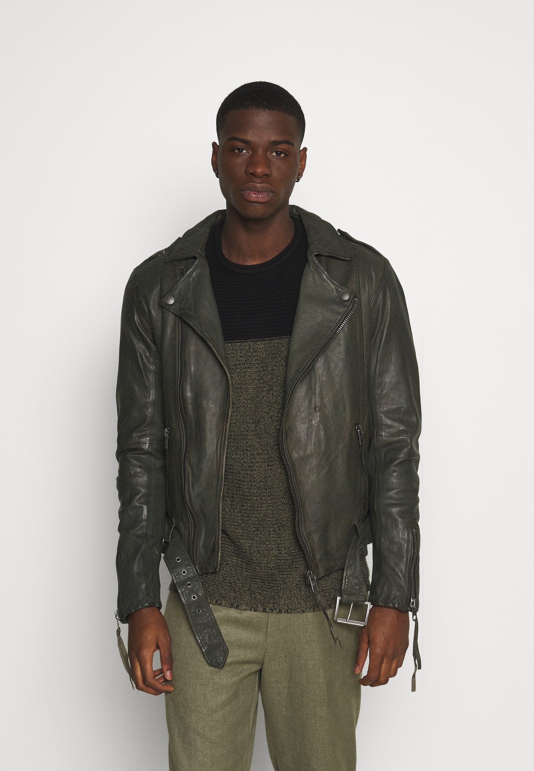 Tigha Ethan Leather Jacket Forest Green Khaki Zalando Co Uk