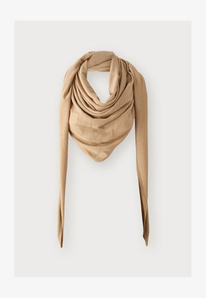 Beige, woven scarf with a draped design, featuring soft texture and long tapered ends. Suitable for versatile styling and layering.