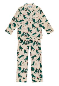 Pamučni set pidžame s dinosaurima na krem boji, s zelenim dinosaurima, božićnim drvcima i šeširima Djeda Mraza. Mekan, lagan materijal s dugim rukavima i hlačama.