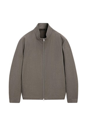 Grijze jas met een hoge kraag, een volledige ritssluiting aan de voorkant en een minimalistisch ontwerp. Gemaakt van gestructureerde stof met lange mouwen en geen zichtbare patronen.