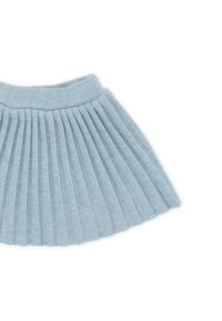 Gonna plissettata azzurro chiaro realizzata in tessuto morbido, con una vita a costine e righe verticali, e una forma svasata all'orlo.