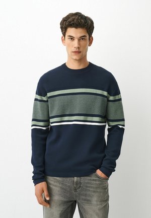 Ung mand med kort mørkt hår iført en marineblå sweater med grønne og hvide vandrette striber og grå jeans, stående mod en hvid baggrund.