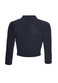 Pull court bleu marine foncé à manches longues avec un col montant, vu de dos sur fond blanc.