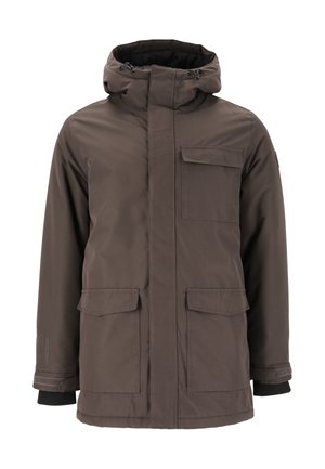 Braune isolierte Parkajacke mit hohem Kragen, Reißverschlussfront und mehreren Klappentaschen. Hat eine leicht strukturierte Oberfläche und eine verstellbare Kapuze.