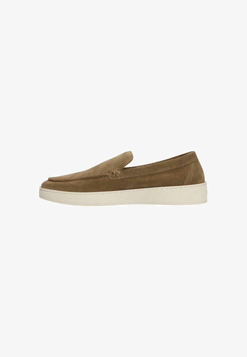Brown suede slip-on shoe with a smooth texture, rounded toe, and contrasting white rubber sole. Features stitched detailing for added design.