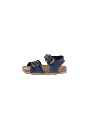 Sandalo in camoscio blu con due cinturini regolabili con fibbia, plantare in sughero e suola in gomma, progettato per un uso casual.