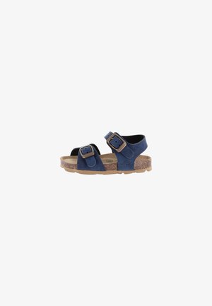 Sandalo in camoscio blu con due cinturini regolabili con fibbia, plantare in sughero e suola in gomma, progettato per un uso casual.