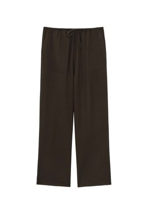 Braune, weite Hosen aus weichem Stoff. Sie verfügen über einen elastischen Bund mit Kordelzug und zwei vordere Taschen für zusätzlichen Nutzen.