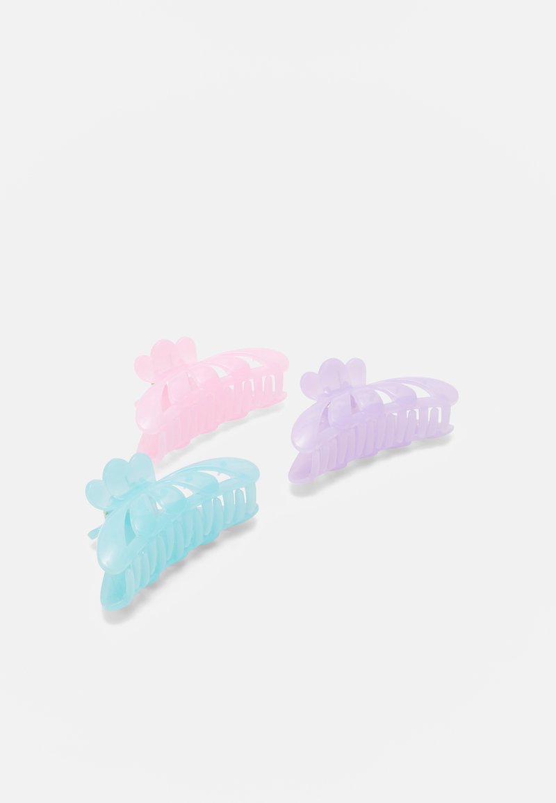 Set of three hair clips in pastel colors: mint green, pink, and lavender. Made of glossy plastic with a ribbed, floral design.